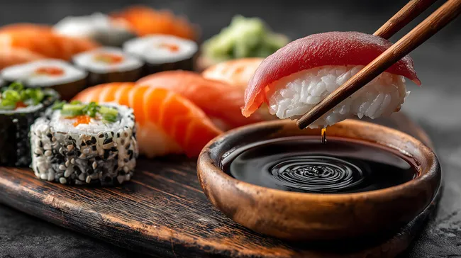 Traditionelle japanische Sushi-Platte mit frischen Zutaten