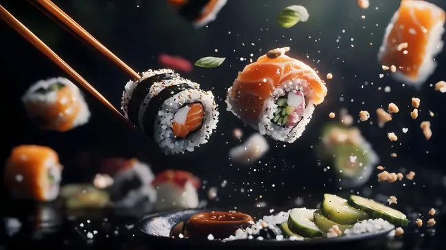 Traditionelle japanische Sushirollen in Aktion