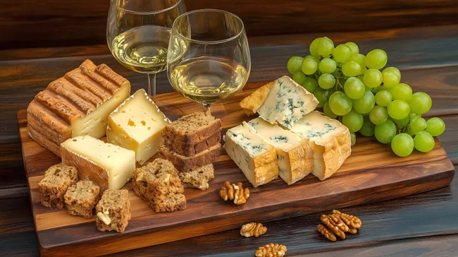 Traditionelle Käseplatte mit Weinkelchen und Trauben