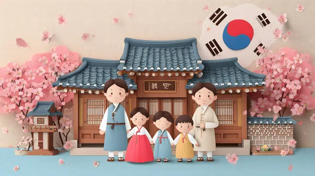Traditionelle koreanische Familie in historischer Dorfkulisse