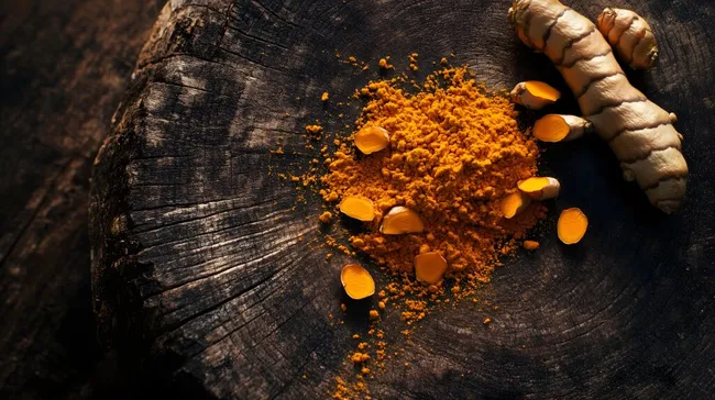 Traditionelle Kurkuma-Wurzeln und Gewürze auf Holztisch