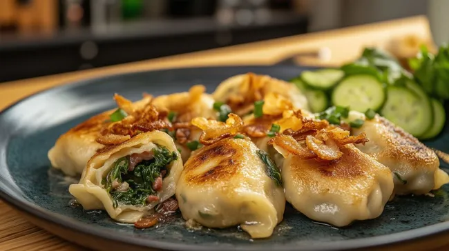 Traditionelle Maultaschen mit Spinatfüllung und knusprigen Zwiebeln