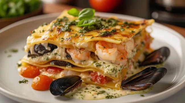 Traditionelle Meeresfrüchte-Lasagne mit Basilikum-Sauce