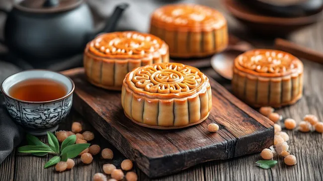 Traditionelle Mondkuchen mit Roter Bohnenpaste und Tee