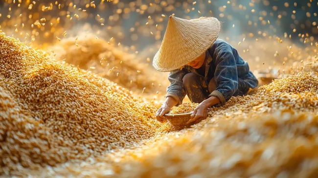 Traditionelle Reisernte von Landarbeitern in goldenem Getreidefeld