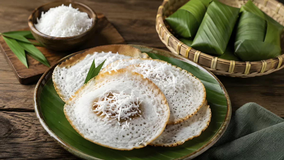 Traditionelle Reisfladen mit Kokosraspeln auf Bananenblatt