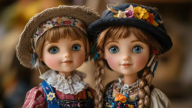 Traditionelle rumänische Puppen in Trachten und Hüten