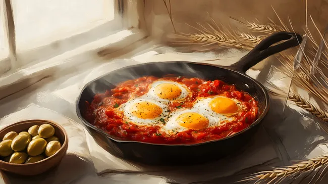 Traditionelle Shakshuka-Pfanne mit Eiern und Tomatensauce