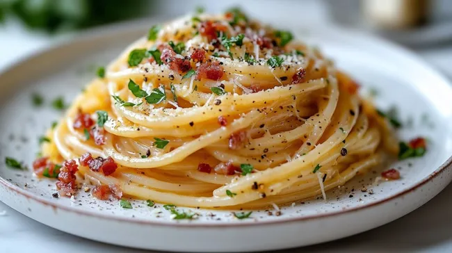 Traditionelle Spaghetti Carbonara mit knusprigem Speck und Parmesan