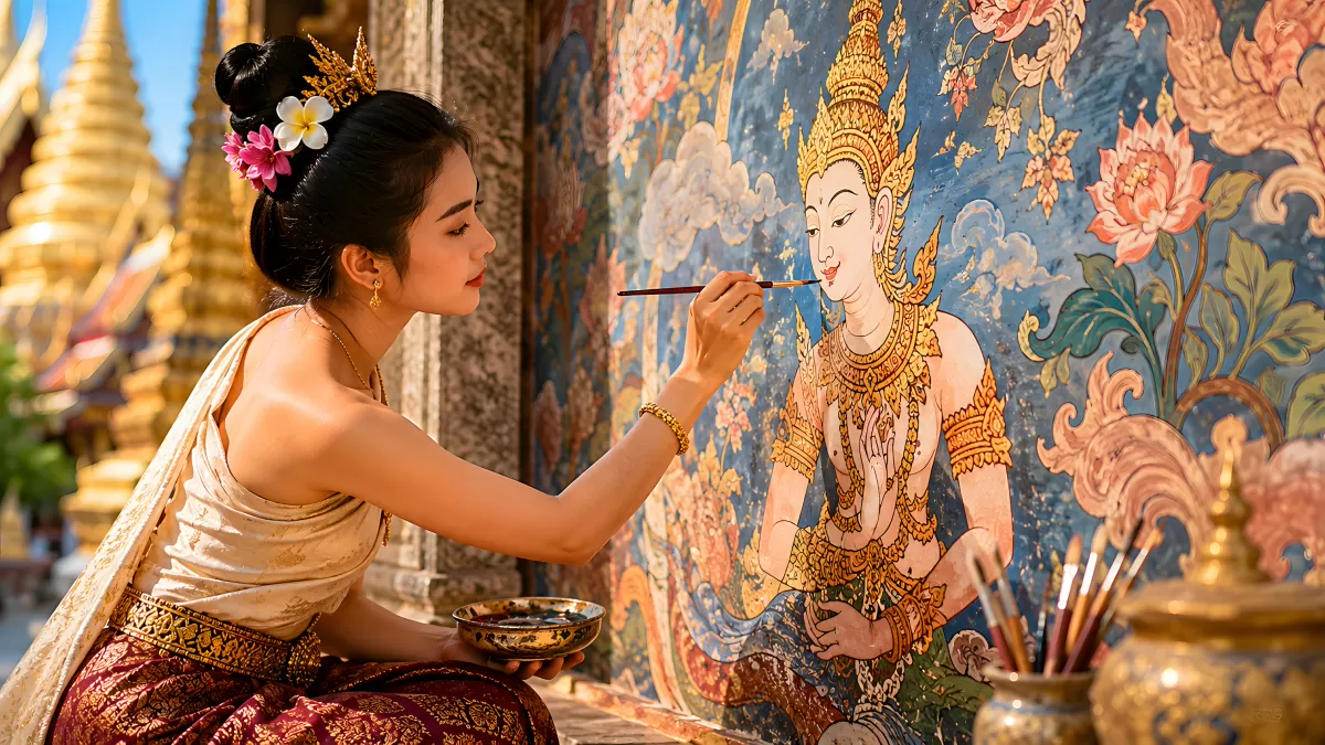 Traditionelle Thai-Künstlerin malt Tempelwandbild