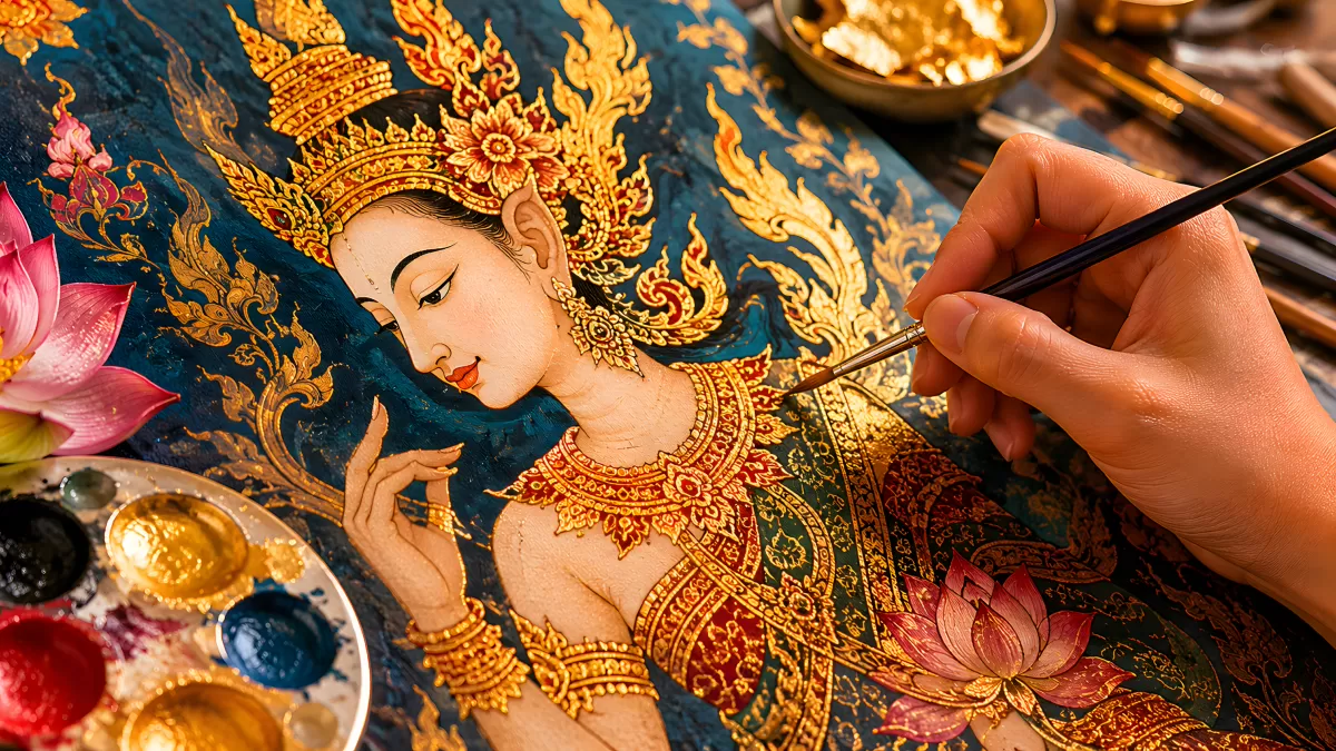 Traditionelle thailändische Malerei mit Golddetails