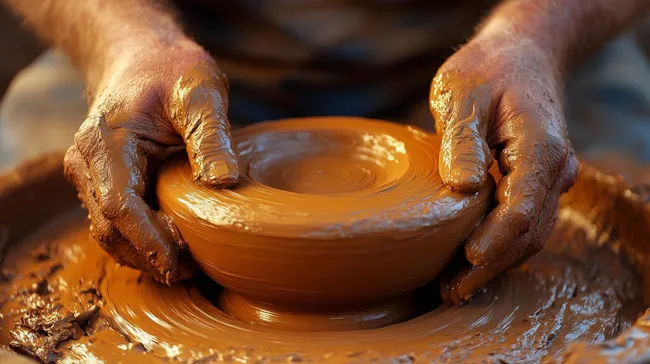 Traditionelle Töpferei: Handgeformte Tonschale auf Drehscheibe