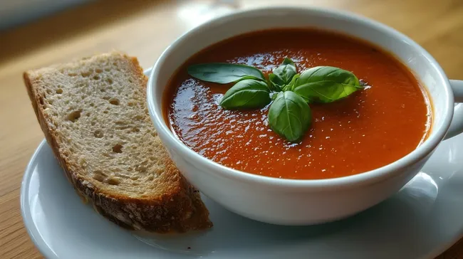 Traditionelle Tomatensuppe mit Basilikum und Brotscheibe