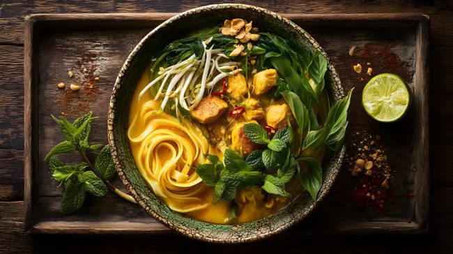 Traditionelle vietnamesische Nudelsuppe mit Tofu und Kräutern
