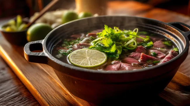 Traditionelle vietnamesische Pho-Suppe mit Rindfleisch und Zitrone