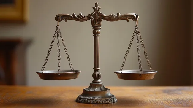 Traditionelle Waage der Gerechtigkeit auf Holztisch