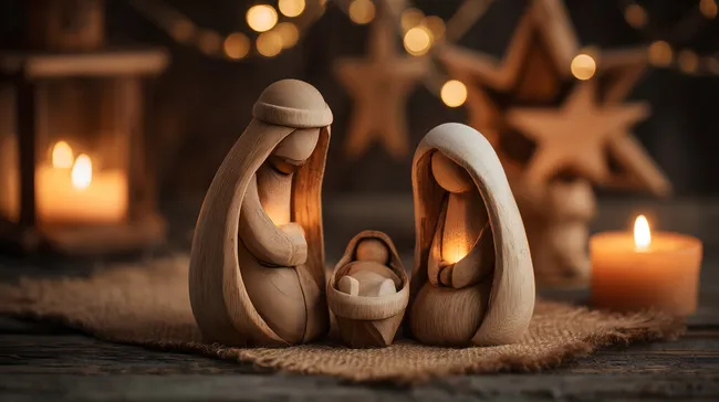 Traditionelle Weihnachtskrippe mit beleuchteter Kulisse