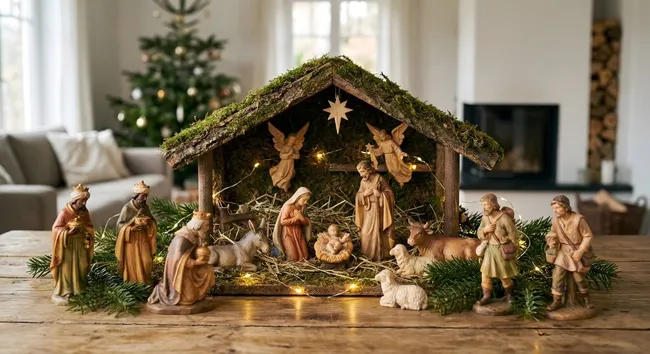Traditionelle Weihnachtskrippe mit Jesuskind und Heiligen