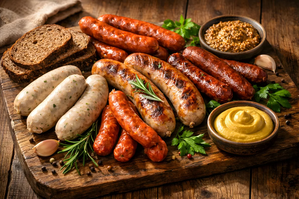 Traditionelle Wurstspezialitäten mit Brot und Senf