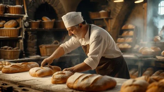 Traditioneller Bäcker bei der Brotherstellung in historischer Backstube