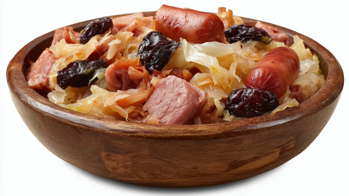 Traditioneller Bigos mit Wurst und Backpflaumen