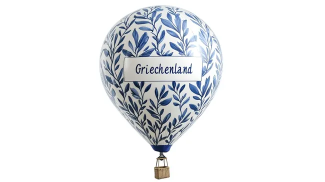 Traditioneller blau-weißer Heißluftballon mit griechischem Motiv