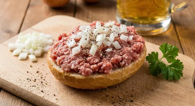 Traditioneller Fleischsalat mit Zwiebeln auf Holzbrett