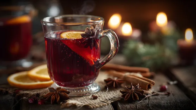Traditioneller Glühwein mit Gewürzen auf Holztisch