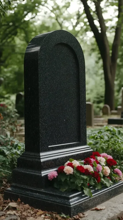 Traditioneller Grabstein mit frischen Blumen auf Friedhof