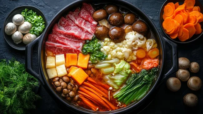 Traditioneller japanischer Sukiyaki-Topf mit frischen Zutaten
