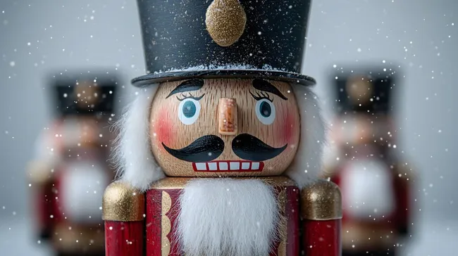 Traditioneller Nussknacker Weihnachtsfigur im Schneefall