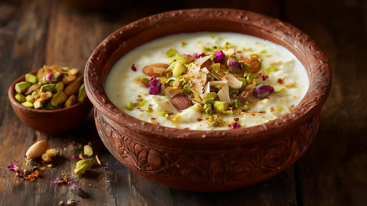 Traditioneller orientalischer Milchreis mit Pistazien und Rosen