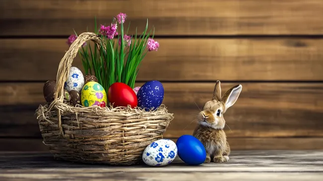 Traditioneller Osterkorb mit bemalten Eiern und Kaninchen