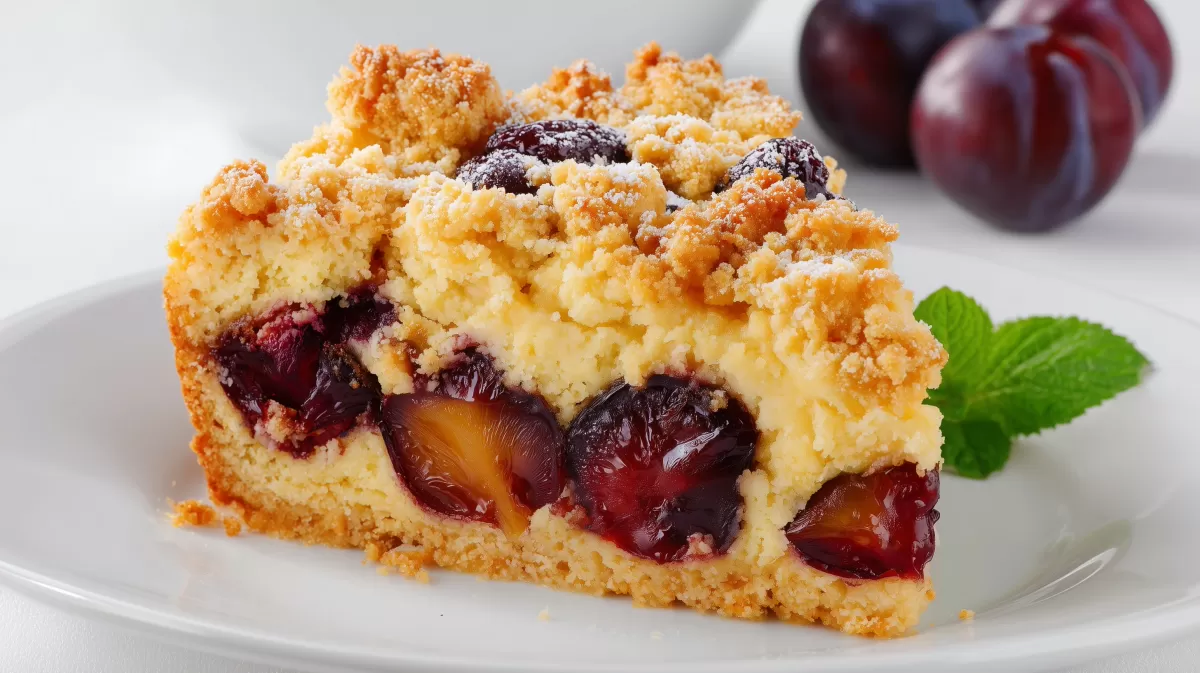 Traditioneller Pflaumenkuchen mit Streuseln auf Teller