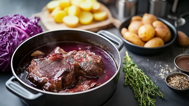 Traditioneller Sauerbraten mit Rotkohl und Kartoffeln