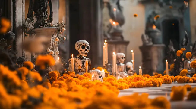 Traditioneller Totentag-Altar in Mexiko mit Kerzen und Blumen
