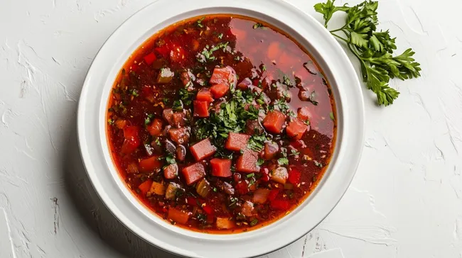 Traditioneller ukrainischer Borschtsch in rustikaler Schüssel