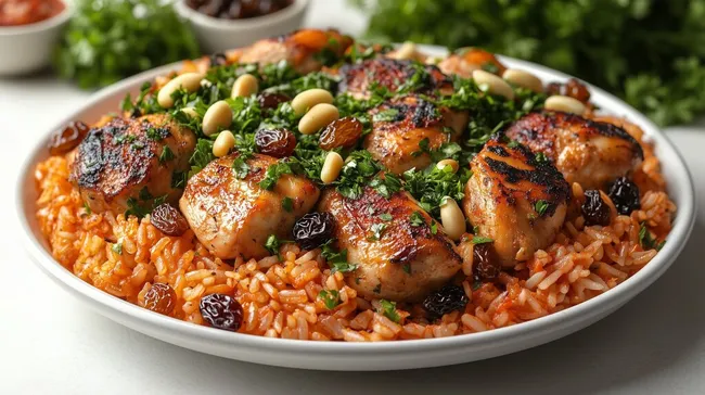 Traditionelles arabisches Kabsagericht mit Hühnchen und Nüssen