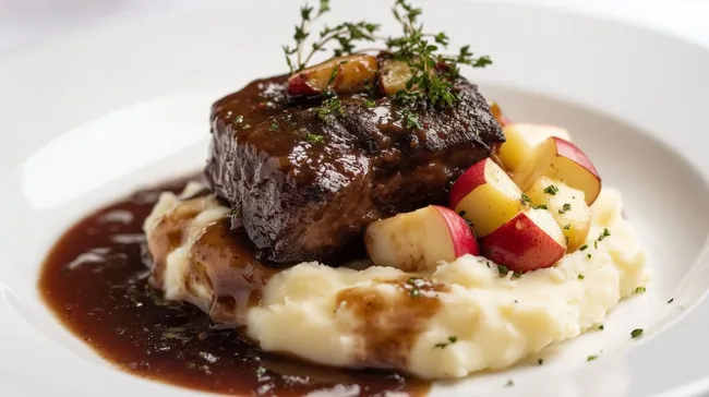 Traditionelles deutsches Gericht mit Rindfleisch und Kartoffelbrei