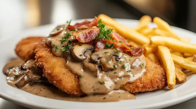 Traditionelles deutsches Jägerschnitzel mit Pilzrahmsauce