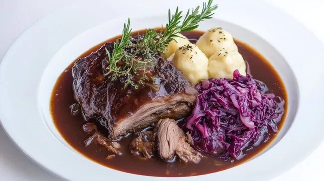 Traditionelles deutsches Sauerbraten-Gericht mit Beilagen