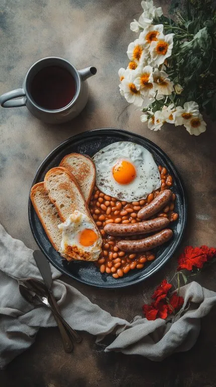 Traditionelles englisches Frühstück auf Vintage-Teller