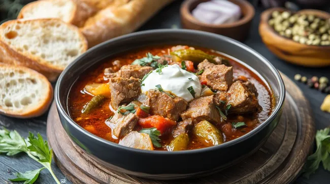 Traditionelles Gulasch mit saurer Sahne und Brotscheiben
