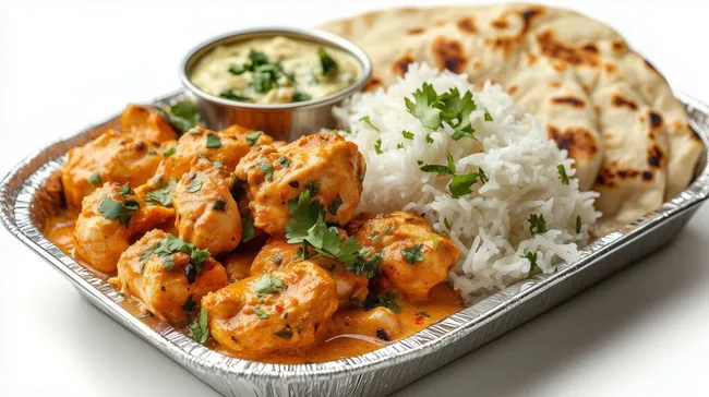 Traditionelles indisches Butter Chicken-Gericht mit Basmati-Reis