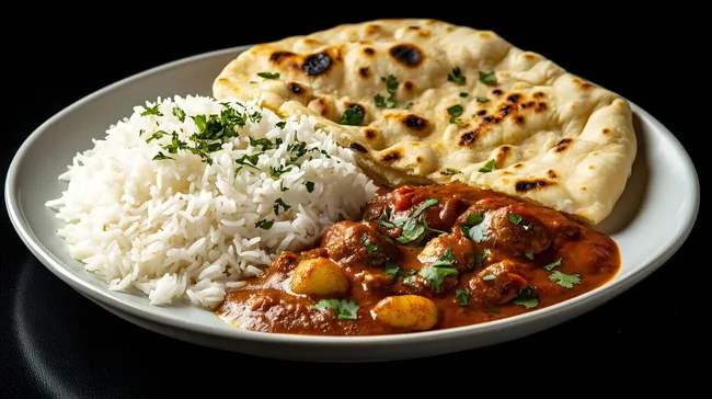 Traditionelles indisches Curry mit Reis und Fladenbrot