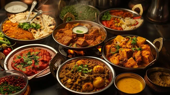 Traditionelles indisches Festessen mit Curries und Gewürzen