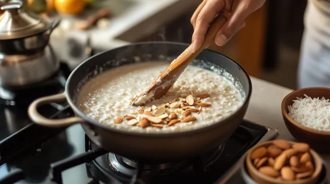 Traditionelles indisches Reisdessert Kheer mit Mandeln