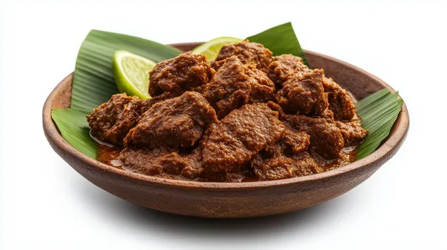 Traditionelles indonesisches Rendang-Fleisch in rustikaler Holzschale