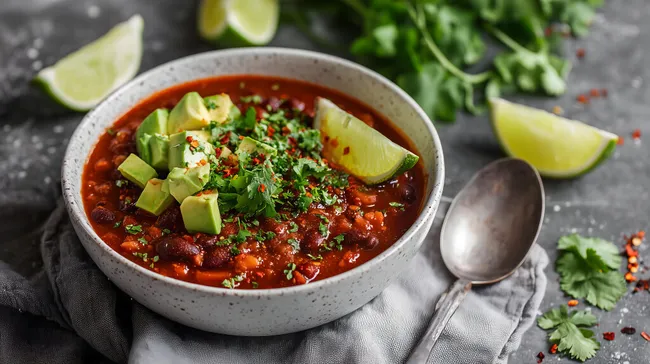 Traditionelles mexikanisches Chili mit Avocado und Limette
