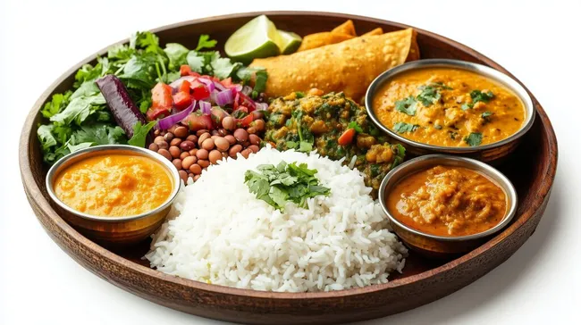 Traditionelles nepalesisches Thali-Gericht mit Reis und Curries